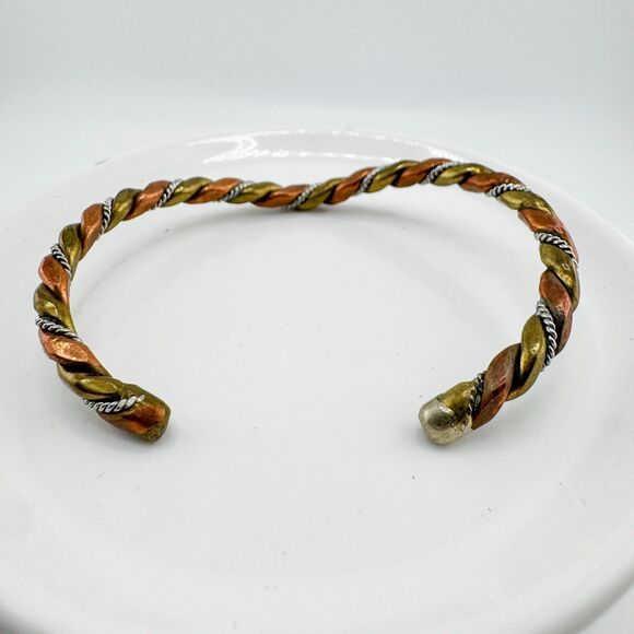 Vintage Copper Brass Silver Tone Twisted Cuff Bracelet Boho Torque Southwestern - Picture 8 of 9
